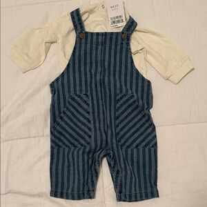 NWT NEXT Baby Blue Striped Overalls set 3-6M